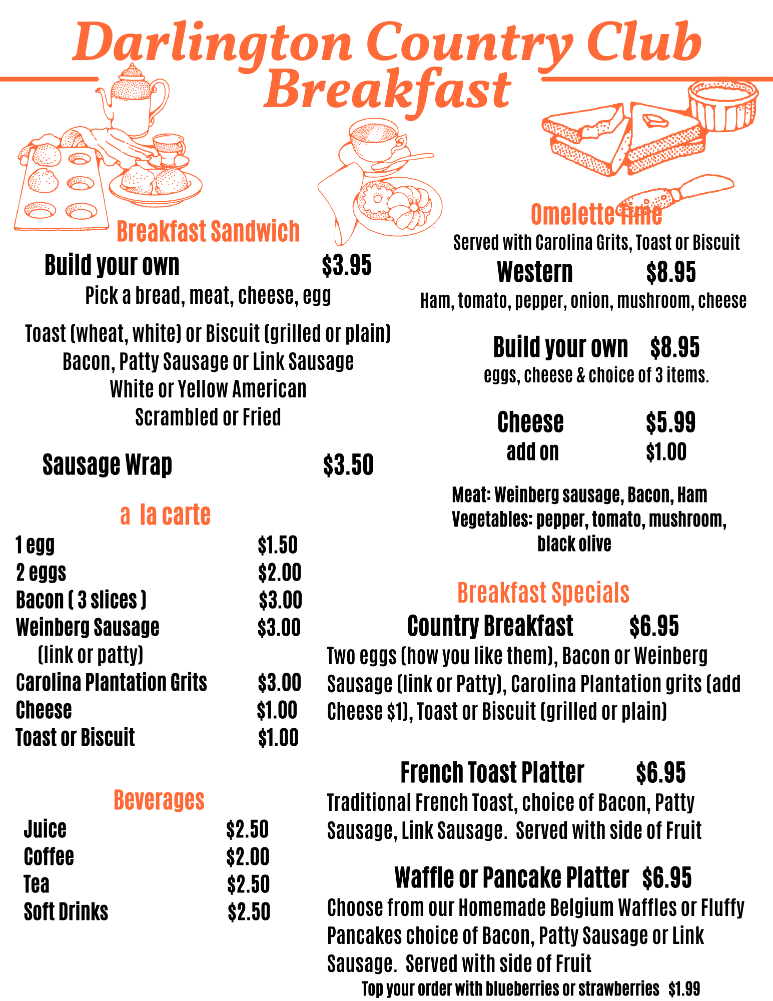 Delicious Breakfast Menu | Darlington Country Club's Dining Area Breakfast menu at Darlington Country Club's dining area