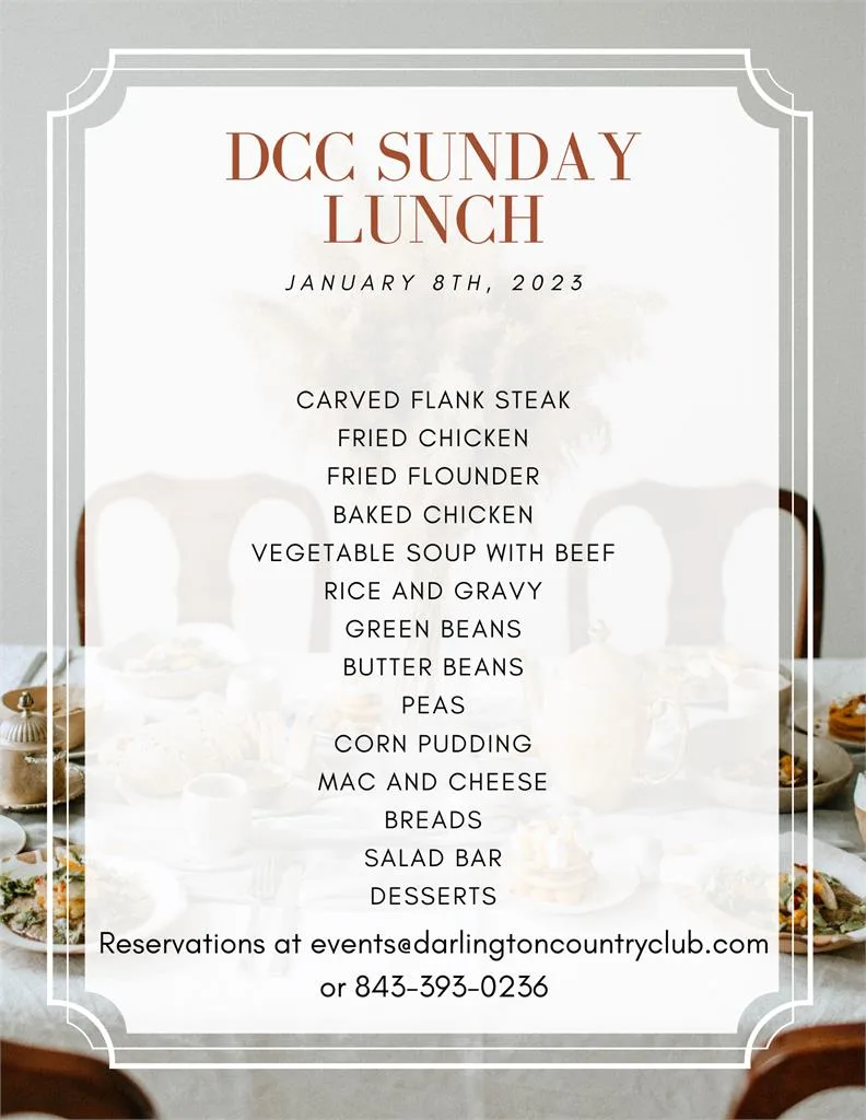 Sunday lunch menu at Darlington Country Club's dining area