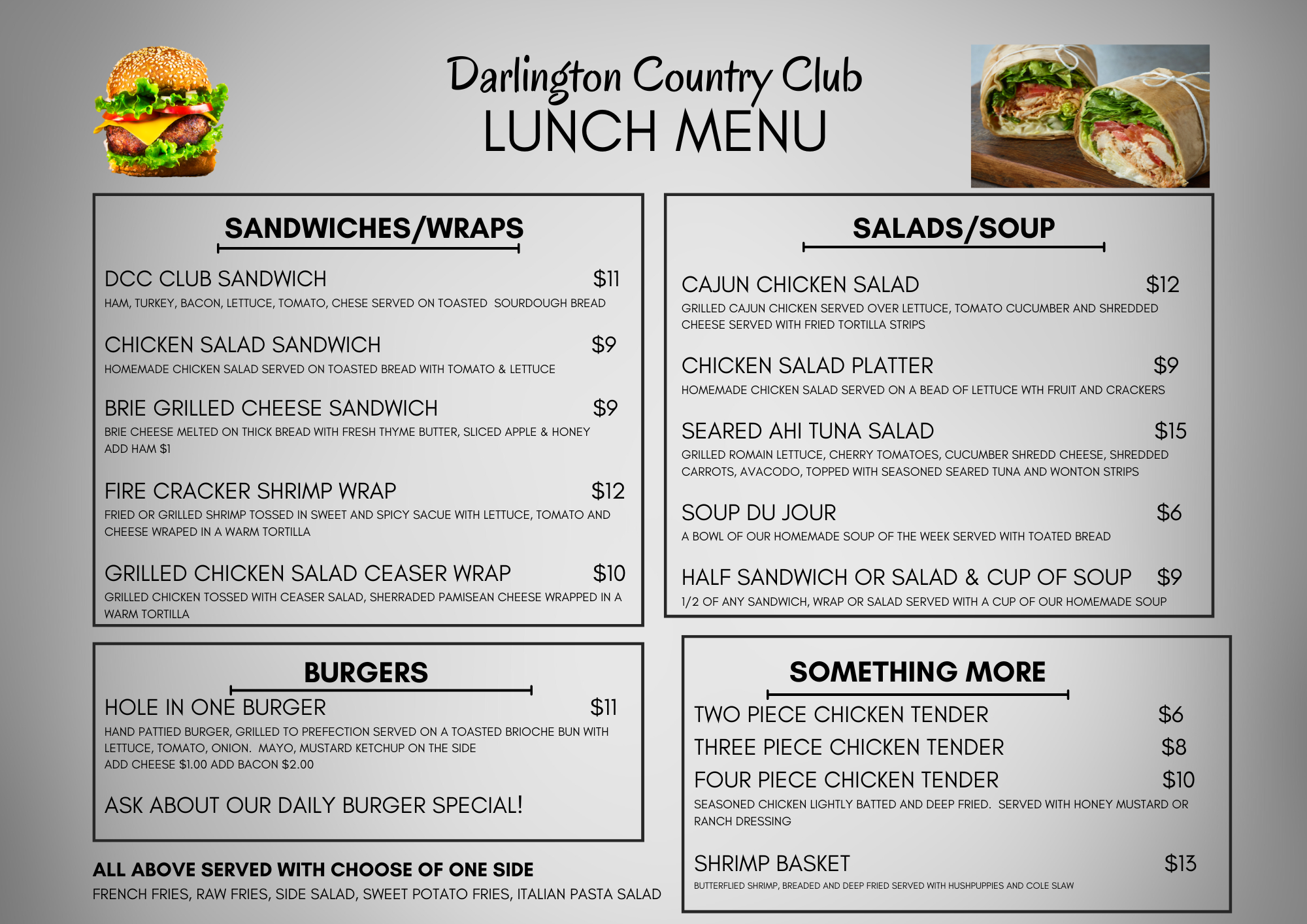 Delicious Lunch Menu | Darlington Country Club's Dining Area Lunch menu at Darlington Country Club's dining area