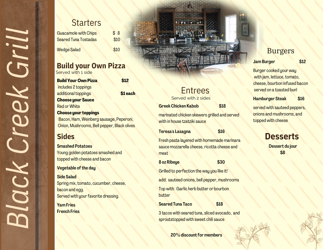 Black Creek Grill Dinner Menu Black Creek Grill Dinner Menu